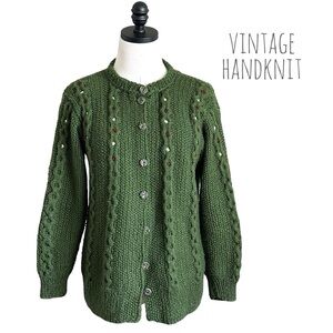 vintage pine green hand knit cardigan size medium
